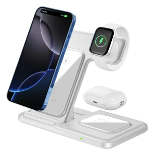 QC3.0 15W Foldable 3-in-1 Wireless Charging Station for iPhone 17, 16, 15, iWatch, and AirPods