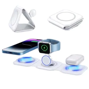 3-in-1 Foldable Magnetic Wireless Charger for Fast-Charging Phones with QC3.0 Type-C Port