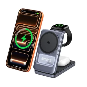 Qi2.2 25W 3-in-1 Wireless Charging Station, Multi-Device Compatible, Foldable Desktop Charger for Phones 18 and 17, with Light