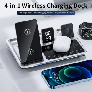 Fast-Charging R11 Desktop Electric Smart Height-Adjustable 4-in-1 Phone Charger, Digital Alarm Clock, 15W Wireless Charger with Light
