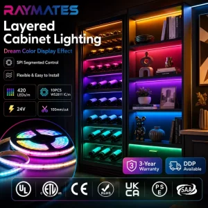 RAYMATES UL Dream Color Pixel SPI RGB COB LED Strip Light 420 LEDs 24V Addressable High Density Ultra Thin Flexible COB Strip