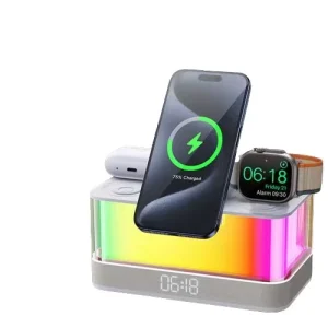 Multicolor Multifunctional RGB Night Light Music Bluetooth Speaker Alarm Clock, 15W Magnetic 6-in-1 Wireless Charger Phone Stand