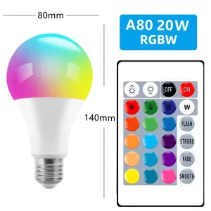RGBW LED Smart Bulb with Remote Control, 16 Million Colors, Dimmable E27/E26 Color-Changing Bulb, 2700K–6500K, for Home Decoration