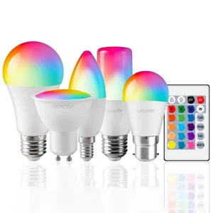 RGBW Remote-Controlled A60 LED Smart Spotlight, E27/B22/E14/GU10, 24-Key Dimming, Multicolor, for Parties, Bars and Offices, AC 100–240 V
