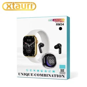 RM34 2.10 Inch AMOLED Smart Watch With TWS Wireless Earbuds BT Call Fitness Tracker Unique Smartwatch Gift Box