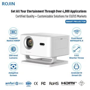 ROJIN X4AR Android 14 Smart Projector Native 1080P 350 ANSI Auto Focus WiFi 6 BT 5.4 Portable Home Theater Beamer