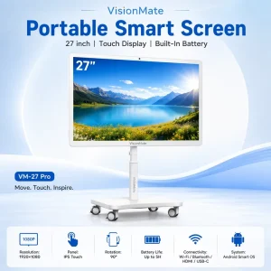 Rechargeable Portable Smart TV on Wheels Android Touch Screen Rolling Display for Home Office and Fitness