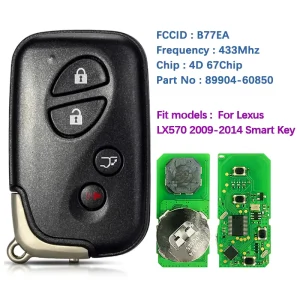 Replacement 4 Button Smart Key Remote FCCID B77EA P1 98 4D 67 433Mhz Compatible for Lexus LX570 Models