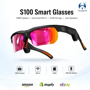 S100 AI Smart Glasses 13MP Camera WiFi6 Video Recording Real Time Translation ChatGPT Voice Assistant Touch Control