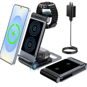 3-in-1 Wireless Charging Station Foldable Stand Aluminum Alloy Fast Charging Compatible with S26/S25 Ultra/S24/S23/S22/S21 and Z