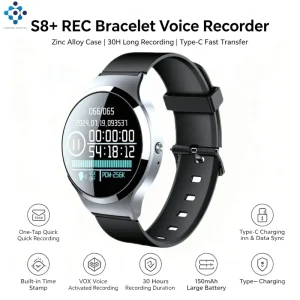S8+ Round Smart Recording Bracelet WAV Digital Voice Recorder 4-64GB Voice Activated Meeting 0.99 Inch TFT Screen