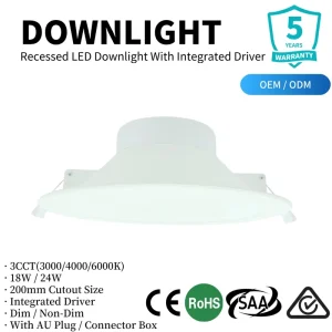 SAA Approved 24W LED Downlight 200mm Cutout Integrated Flat Panel 3CCT Dimmable with AU Plug Cable