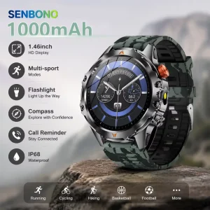 SENBONO V75 Outdoor Smart Watch IP68 Water Resistant 1000mAh Long Battery Life Multi functional Fitness Tracker Men’s Smartwatch