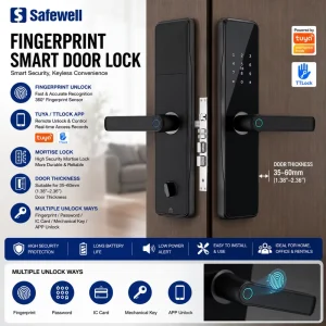 Safewell Custom Tuya Hotel Home Fingerprint Smart Door Lock with WiFi Bluetooth App Password Card and Mechanical Key