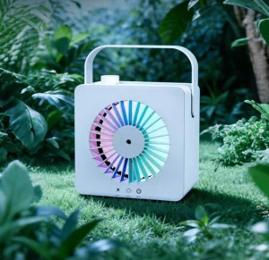 Small Desk Fan 3 Speeds USB Rechargeable White Mini ABS Table Low Noise Portable Air Cooling Mist Humidification Ambient Light