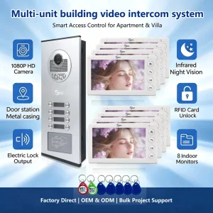 Smart 8 Unit Residential Video Door Phone Intercom System with 7 Inch Screen 1080P Night Vision Motion Detection