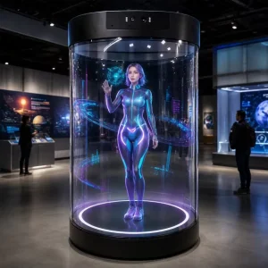 Smart Advertising Holographic Cylinder Display AI Digital Human 3D Transparent Holo Box for Shopping Mall Event Exhibition
