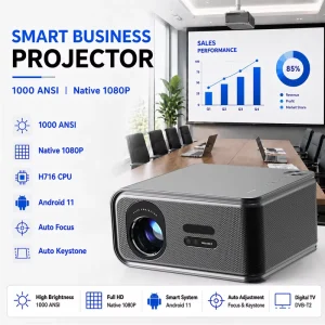 Smart Android Projector with Speakers 1000ANSI Lumens Native 1080P AI Auto Focus Keystone Correction for Work Data Show