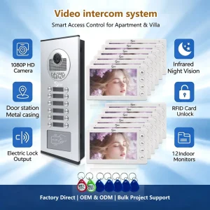 Smart Building 12 Unit Intercom System Real Time Monitoring Multi Family Video Door Phone Touchscreen Outdoor Waterproof