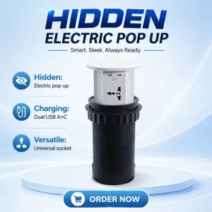 Smart Contemporary Aluminum Pop-Up Power Outlet 4 AC Outlets 2 USB Ports IP44 Rated UK US Plug Tabletop Socket Desk Charging