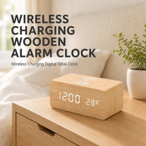 Smart Digital LED Display Alarm Clock Rectangular Silent Wooden Clock Wireless Charging Quartz Movement Electronic OEM