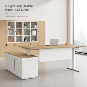 Smart Electric Adjustable Executive Office Desk with Left Storage Cabinet Light Wood Manager Table OEM ODM