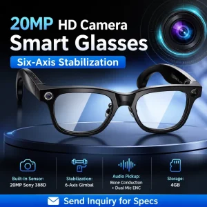 Smart Glasses with 20MP HD Camera & AI Assistant IP66 Waterproof Type C Charging for Vlogging Travel & for Open Ear Audio