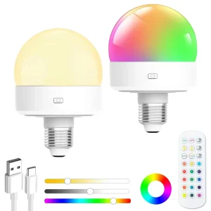 Smart Home Lighting LED Battery Operated RGB E27 E12 Bulb Dimmable CCT Change Remote Control Rechargeable Globe DC Smart Bulb