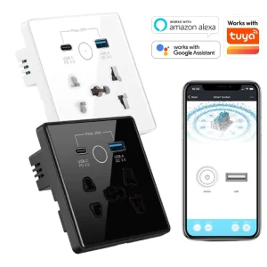 Smart Home Universal Type A+C Plug with Socket Tempered Glass Black White 13A Tuya WiFi USB Type-C Google Home Alexa 2 Outlets