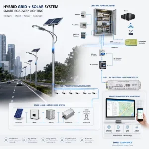 Smart IoT Hybrid Solar Aluminum LED Street Light Controller for Road Scheduled Off Peak AC Charging LiFePO4 Battery IP66 Rated