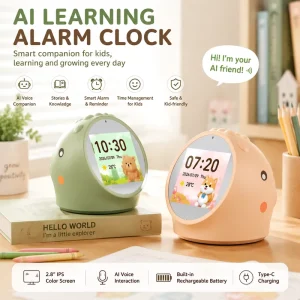 Smart Kids Alarm Clock with AI Voice Assistant Dinosaur Design Desktop Clock for School Time Date Weather Display Dual Color