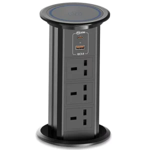 Smart Kitchen Power Socket with 3 AC Outlets Desktop Pop Up Tower featuring Pneumatic Pop Up Wireless Charger USB AC Included