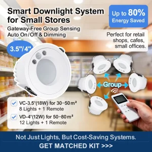 Smart LED Downlight System ZigBee 3.0 IP40 Gateway-Free Group Sensing for Retail Store Lighting Auto On/Off Dimming Kit