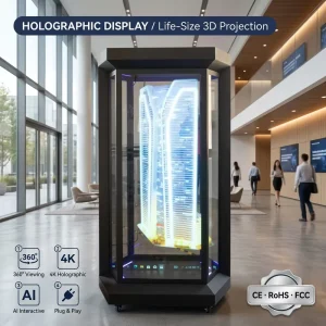 Smart Life Size 3D Square Holotube AI Interactive Transparent Showcase Cabin 4k Digital Ad Totem Player Kiosk for Company Event