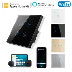 Smart Life WiFi Home Kit Compatible Luxury Wall Switch with App Remote Control 1 2 3 4 Gang Neutral Wired Tempered Glass Panel