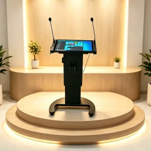 Smart Mobile Multimedia Lectern Touch Interaction All-in-One Digital Podium with Dual Mics and Swivel Casters