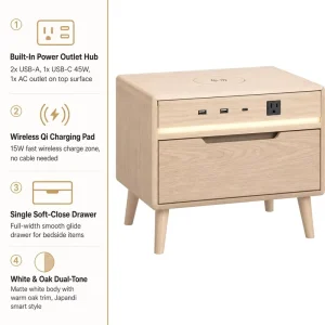 Smart Nightstand Wireless Charging LED Light Touch Open Drawer USB a USB C Ports Modern Bedside Table White Bedroom Furniture