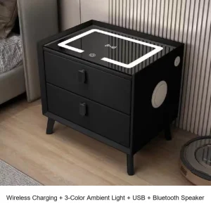 Smart Nightstand Wireless Charging USB Bluetooth Speaker Three Color Ambient Light Dual Drawer Bedside Cabinet Furniture