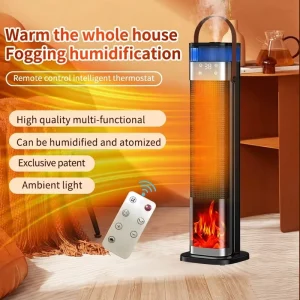 Smart PTC Tower Heater with Atomizing Humidifier 3D Realistic Flame Effect 30m Coverage 1500 2000W 8+ Hour Timer New Arrival