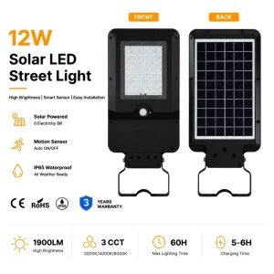 Smart Solar Street Light 12W 1900lm with Dusk to Dawn Sensor Energy Saving Mode IP65 for Road Garden Parking Lot