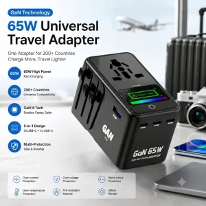Smart TFT Color Screen 65W GaN Universal Travel Adapter 3 Type C 1 USB A Fast Charger International Adapter for Global Travel