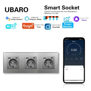 Smart Triple EU Schuko Wall Socket 224mm USB A+C 3 Ports 3 Outlets 16A Glass Panel 3 Gang Alexa Google Yandex
