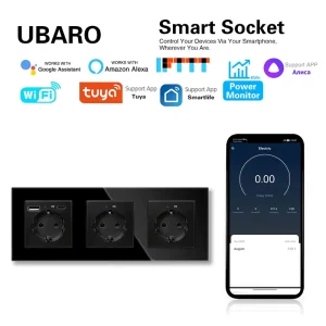 Smart Triple EU Schuko Wall Socket 224mm with USB A+C Charging 16A Glass Panel 3 Gang Alexa Google Yandex Alice
