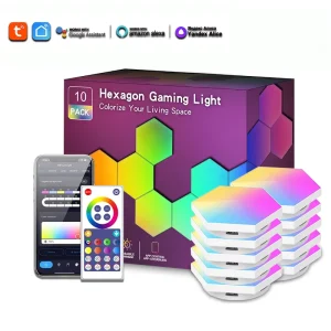 Smart Tuya WiFi Hexagon Gaming Light Panel Modular DIY Wall Light with Music Sync & Remote Control for Room Decor Ambient Lamp