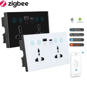 Smart Universal Double Wall Socket Tempered Glass Panel Socket ZigBee Electrical Outlet Light Switch Works Alexa Google Home