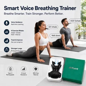 Smart Voice-Guided Respiratory Muscle Trainer 8-Level Adjustable Resistance Breathing Exerciser for Lung Capacity