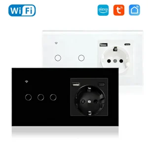 Smart Wall Socket EU Outlet 3 Outlets 3A USB Type-C Ports WiFi Smart Life App Control Alexa Google Home Tempered Glass