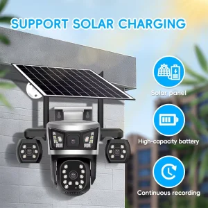 Solar CCTV Camera System Security 4 Lens Outdoor Motion Alert IP66 Weatherproof Two Way Talk Full Color Night Vision
