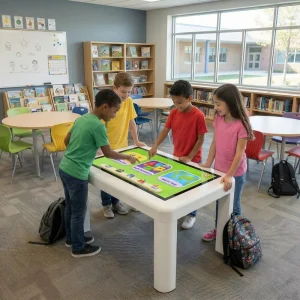 Solid Wood Desk with Touch Screen Display and Tempered Glass Surface Smart Interactive Touch Screen Desk Table