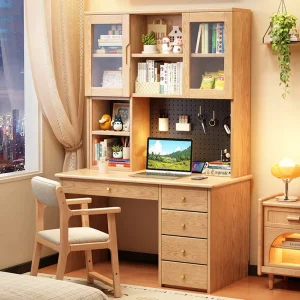 Solid Wood Study Desk With Glass Hutch Pegboard and 4 Drawers Ergonomic Kids Writing Desk for Bedroom Apartment